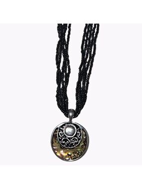 Abalone Pendant Necklace Black Seed Beaded Multi Strand Statement Jewelry Women